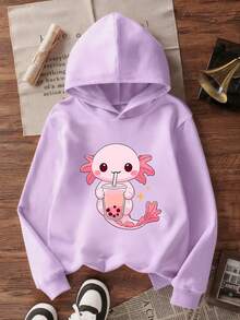 1pc Tween Girl Thermal Lined Hooded Sweatshirt With Axolotl Print, Warm Autumn/Winter Long Sleeve Top For Young Students, Y2K/Casual/Stylish/Daily/Streetwear/Holiday/School/Cute - Purple - View 2