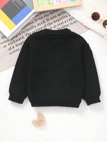 Atasan Sweater Rajut Leher Bulat Klasik Warna Polos Unisex untuk Bayi, Desain Leher Bulat, Desain Warna Polos, Warna Polos Lebih Cocok untuk Bordir Buatan Tangan oleh Para Ibu, Tambahkan Beberapa Elemen yang Disukai Para Ibu, Cocok untuk Pakaian Kasual atau Sebagai Lapisan - Hitam - View 6