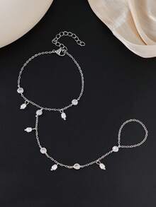 1 chiếc vòng tay chuỗi hạt ngọc trai giả và đá Cubic Zirconia thanh lịch, thích hợp cho trang phục hàng ngày của phụ nữ, hẹn hò, tiệc tùng, tiệc chiêu đãi, quà tặng ngày lễ - Bạc - Xem 3