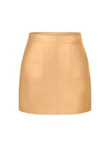 Giolshon Plus Size Women's Warm PU Leather Mini Skirt | Black Elegant Short Design, Elastic Waistband, Fashionable Choice For Autumn/Winter - Lạc đà - Xem 3