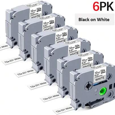 6 Rolls 12mm (1/2 Inch) Label Tape, Compatible With Brother P-Touch TZe-231 TZe231 TZ-231 - Black On White, Laminated, Compatible With Brother D210 D220 D400 H100 2040