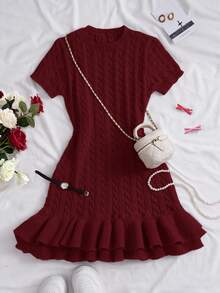 Women's Cute Retro Solid Color Round Neck Short Sleeve Ruffle Hem Fitted Textured Knit Dress, Minimalist Style, Suitable For Casual Daily Wear, Summer & Autumn, Also Applicable For Christmas, Valentine's Day, New Year And Other Holidays