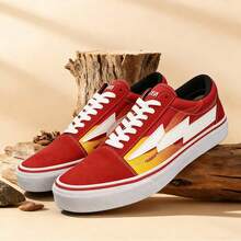 1双男士时尚帆布鞋，系带字母印花红色牛仔低帮休闲滑板鞋，情侣款 - 火焰紅色 - 查看 2