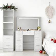 [Christmas Gift] Elegant Dressing Table With Mirror, Featuring Multiple Drawers For Versatile Storage. Spacious Compartments, Three-Colour Makeup Mirror With Adjustable Brightness. Multi-Tiered Vanity Unit For Bedroom Use - trắng - Xem 10