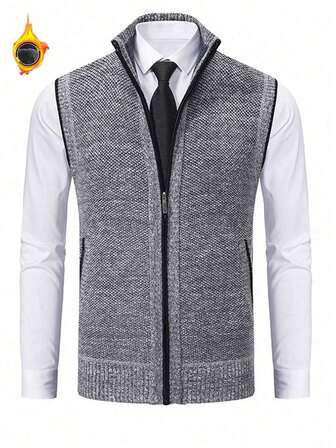 Chaleco sin mangas de punto con forro a cuadros retro para hombres - Cárdigan con cremallera de forro polar cálido | Prenda exterior para capas diarias de otoño