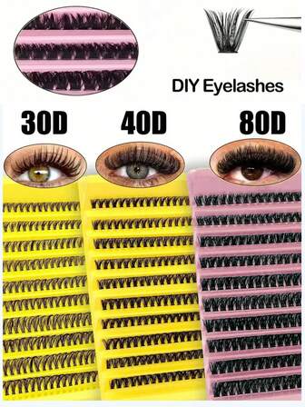 Set van 200 kunstwimpers, nieuwe cluster, creatief, 80D 40D, geel & roze, tray, enkele cluster, doe-het-zelf, gesegmenteerde Europese en Amerikaanse zelfaanbrengbare kunstwimpers, geschikt voor schoonheidssalons, creatieve wimperverlengingsset met individueel gekrulde wimpers, 11-13 mm cat eye kunstwimpersset, inclusief wimperlijm, fixeer en wimperapplicator voor thuisgebruik, geschikt voor dagelijkse make-up.