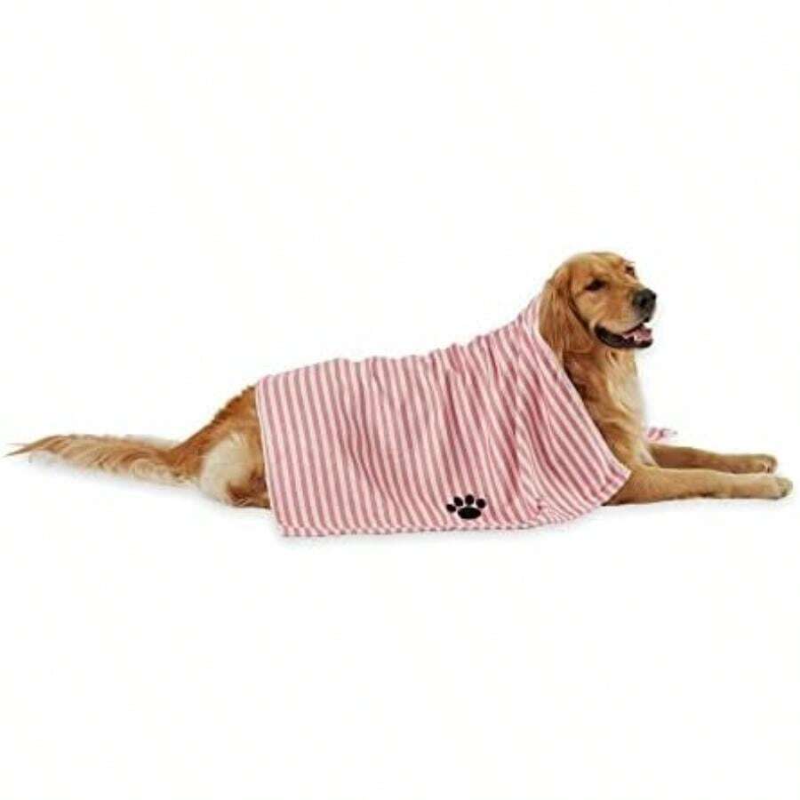 Bone Dry Colección Pet Robe - Bata de baño de Microfibra Absorbente Bordada con Cierre Ajustable, para Perros y Gatos, Talla S, Color Aguamarina(41x23.5" Rayado Rosa) - Multicolor - Ver 1