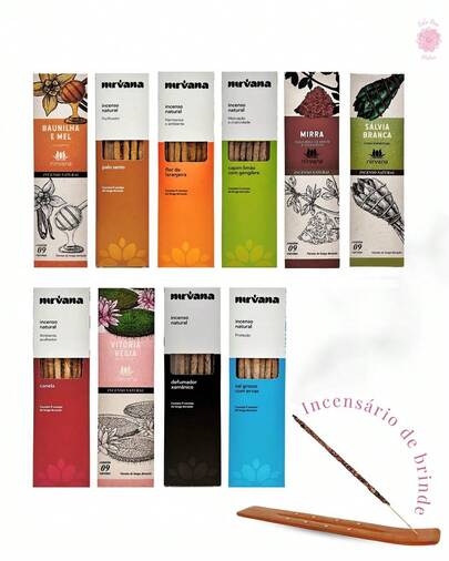 Kit Incenso Nirvan@ Natural 10 Aromas Unicos Energia Paz Amor Dinheiro Limpeza Saude + Incensario