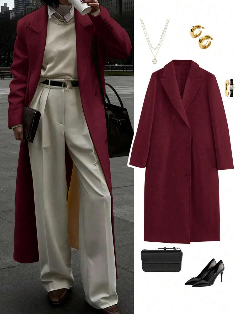 Autumn/Winter New Fashion Women's Loose Fit Elegant Wool-Blend Double-Breasted Windbreaker Coat - Burgundy - View 1
