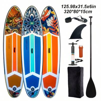 YHW-SURF 320cm Inflatable Surfboard, Adult Beginner Paddle Board, Yoga Fishing Board, Portable Inflatable Slip Board, Includes Professional Foot Rope, Air Pump, Backpack