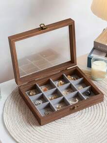 1个木纹首饰盒，透明防尘高端精致首饰盒，珠宝盒，收纳盒，包装盒，化妆盒，翻盖设计，透明玻璃，中式复古小型首饰收纳盒，带玻璃盖防尘，用于存放项链、手链、戒指，送给女友/妻子的礼物