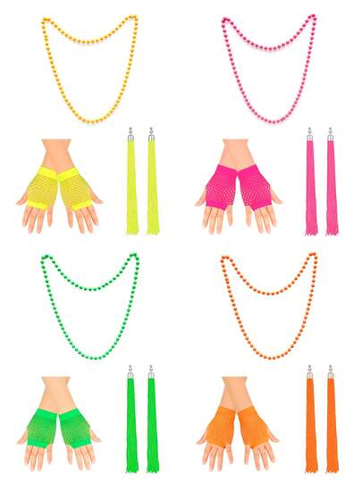  3件套 70/80年代霓虹荧光流苏配饰套装：荧光流苏耳环+亚克力项链+渔网手套，适合角色扮演、万圣节、圣诞节、70/80年代主题派对、单身派对及其他节日。