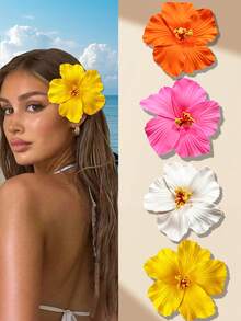 1/4pcs Hawaii Flower Hair Clips, Suitable For Women, 4 Pieces Artificial Flower Hair Clips, Hibiscus And Lotus Flower Hair Clips, Suitable For Beach Party, Tropical Flower Hair Accessories For Summer, Great Gift For Girls, Claw Clips, Hair Slide, Hair Barrettes, Head Accesssories - Multicolor - View 1