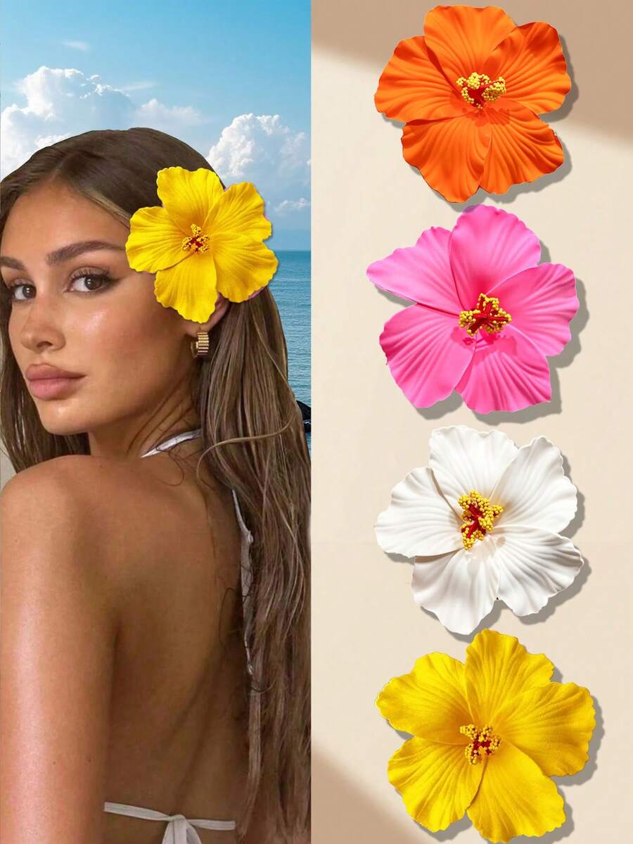 1/4pcs Hawaii Flower Hair Clips, Suitable For Women, 4 Pieces Artificial Flower Hair Clips, Hibiscus And Lotus Flower Hair Clips, Suitable For Beach Party, Tropical Flower Hair Accessories For Summer, Great Gift For Girls, Claw Clips, Hair Slide, Hair Barrettes, Head Accesssories - Multicolor - View 1