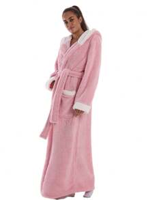 1pc Thick Plush Bathrobe, Basic Casual Loungewear, Warm & Comfortable, Suitable For Home, Holiday Gift - Pink Hooded - View 6