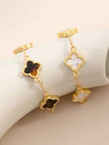 2pcs/Set Fashionable Classic Leopard Print & White Clover Design Bracelet Set