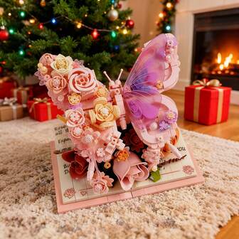 850 piezas Ramo de mariposas 3D hecho a mano como regalo para mujeres, decoración del hogar extraíble, bloques de construcción de madera, adorno navideño para fiestas