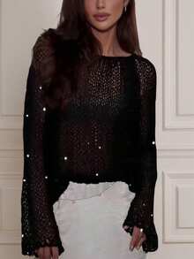 Yuwenier Sexy Sheer Mesh Sequin Crochet Batwing Long Sleeve Loose Cover Up, Carnival Party - Black - View 2