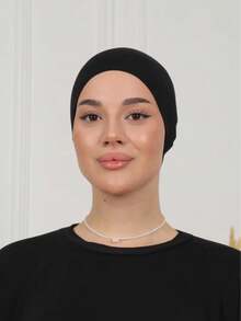 1 Stück Damen Einfarbiger Viskose Halstuch, elastische seidige Baumwoll-Innenmütze, dickes & weiches Material, geeignet für tägliches Kopftuch Tragen - Schwarz - Übersicht 2