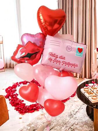 14-delat set med ballonger för alla hjärtans dag, inklusive spanska kärleksbokstavsballonger, glänsande läppformade ballonger, röda hjärtballonger, lämpliga för alla hjärtans dag-fest, frieri, bröllop, årsdagsdekorationer