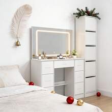 [Christmas Gift] Elegant Dressing Table With Mirror, Featuring Multiple Drawers For Versatile Storage. Spacious Compartments, Three-Colour Makeup Mirror With Adjustable Brightness. Multi-Tiered Vanity Unit For Bedroom Use - trắng - Xem 5