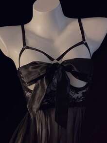 1 件女士性感内衣蕾丝蝴蝶结开裆睡袍 - 黑色 - 查看 4