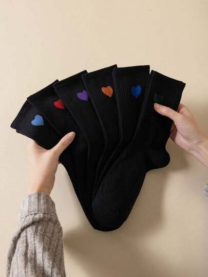 6 Pairs Black Mid-Calf Heart Pattern Socks, Women's Crew Socks, Cute & Simple Heart Design, Solid Color Long Socks For Autumn/Winter