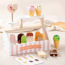 木制过家家冰淇淋售货亭玩具，儿童逼真木制冰淇淋展示摊位玩具套装，小女孩角色扮演商店销售游戏，儿童生日圣诞节礼物套装 - 彩色 - 查看 1