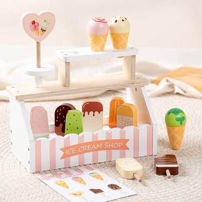 Träleksak med glassförsäljningsställ, realistiskt träglassförsäljningsställ för barn, rollspel för små flickor, födelsedags- och julklappsset för barn