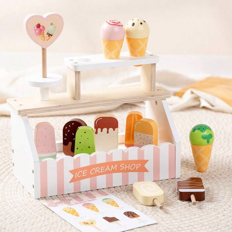 木制过家家冰淇淋售货亭玩具，儿童逼真木制冰淇淋展示摊位玩具套装，小女孩角色扮演商店销售游戏，儿童生日圣诞节礼物套装 - 彩色 - 查看 1