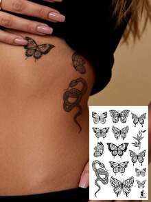 STARTTOOS Black Dynamic Butterfly Tattoo Sticker With Multiple Butterfly Flower Patterns Temporary Fake Tattoo Sticker Suitable For Wrist, Ankle, Shoulder, Neck, Collarbone DIY Daily Party, Festival Gift Waterproof Realistic Body Tattoo Sticker - Multicolor - View 12