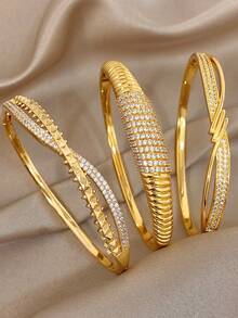Juego de pulseras de lujo con baño de oro de 18K, con circonita completa y textura glamorosa, para mujer. Regalo para mamá en Navidad, Carnaval, Invierno, Boda, Fiesta, Diario, Aniversario, Día de San Valentín, Cumpleaños, Dama de honor. Joyería bohemia. - Multicolor - Ver 1