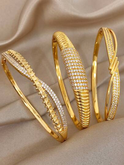 18K镀金防褪色奢华优雅全锆石纹理魅力手镯套装，女士礼物，妈妈礼物，圣诞节嘉年华冬季珠宝，婚礼狂欢/舞会/派对/日常配饰，周年纪念日情人节波西米亚风珠宝，生日伴娘礼物