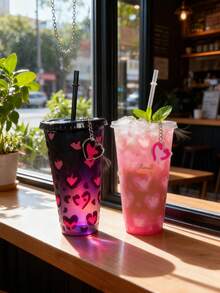2个豹纹爱心变色塑料吸管杯，创意情人节礼物，黑粉色咖啡杯带钥匙扣 - 彩色 - 查看 2