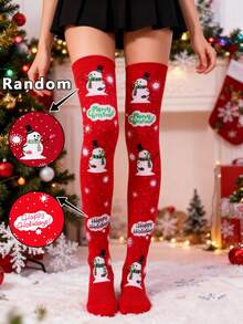 一双女士圣诞主题过膝袜，印有雪人和圣诞树图案，适合舞台表演、角色扮演、圣诞派对、活动、婚礼等场合，冬季保暖舒适。 - 彩色 - 查看 8