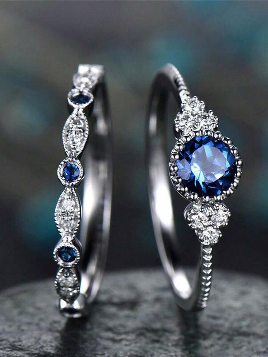 2pcs 925 Sterling Silver Elegant Romantic Cubic Zirconia Rings, Women's Valentine's Day Gift, Engagement Ring, Bridal Jewelry, Christmas Gift - Double Diamond Ring - View 1