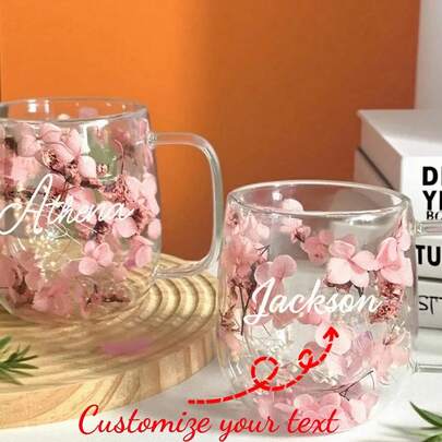 Tasse en verre fait main personnalisée avec de vraies fleurs séchées, ensemble de verrerie florale personnalisable avec plante, texte de nom personnalisable, tasse à café/thé, décoration d'intérieur, souvenir, articles de cuisine essentiels