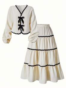 Girls' Elegant Sweet Mid-Length Dress Set, Includes One Long Sleeve Top With Ruffle Bow Decor And One Layered Mid-Length Skirt. Fashionable Casual, Suitable For Spring And Autumn, Suitable For School, Parties, Vacation And Travel - Beige - View 4