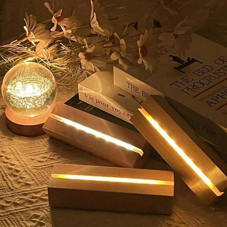 1个加厚3D亚克力发光底座，长方形实木LED夜灯，亚克力，水晶，夜灯，玻璃树脂艺术发光底座，水培植物玻璃瓶灯底座DIY照明装饰，情人节礼物个性化照片氛围灯底座，菜单展示架，USB供电