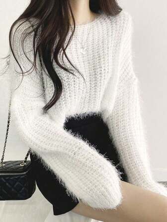 Women's Casual Solid Color Crew Neck Long Sleeve Pullover Sweater, Autumn/Winter