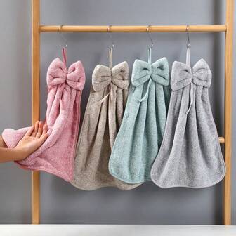 2pcs Bowknot Super Absorbent Hanging Hand Towels - Quick Dry Multi-Purpose Kitchen & Bathroom Cleaning Cloths, Modern Polyester Blend