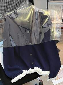 Plus Size Women Casual Cardigan With Bow Button, Color Block Patchwork, Pocket Design, Autumn/Winter