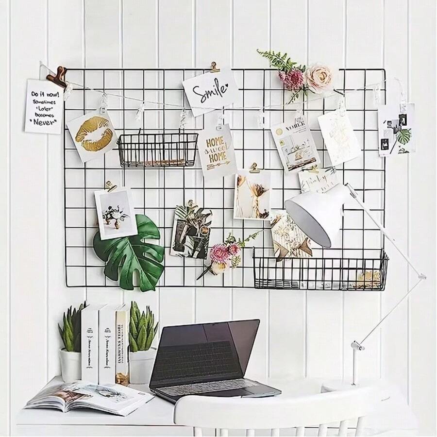 Mesh Photo Wall, Iron Wire Grid Board With S-Shaped Hooks And Clips, Grid Wall Panel For Photo Display, Photo Frame Collage Board, Metal Grid Wall Decor, DIY Iron Art Photo Frame Collage Wall Decor, Foldable Multi-Photo Storage Rack, Home & Office Decor Photo Display Rack