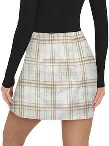Plaid Skirts For Women, Pencil Mini Skirts For Women High Waist Bodycon Christmas Holiday Fall Winter Skirts - 米色 - 查看 3