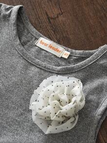 2pcs Girls Polka Dot Lace 3D Floral Sleeveless Top And Embroidered Long Pants Set, Summer - Grey - View 3