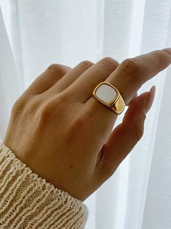 1枚男女通用波西米亚风方形油滴戒指，18K镀金316不锈钢戒圈，时尚简约设计，四季皆宜的珠宝配饰