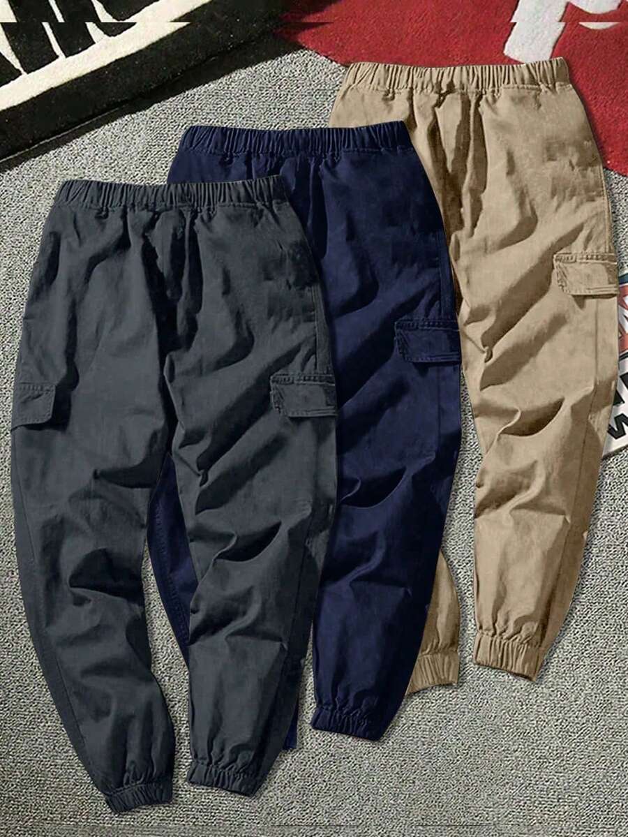 3pcs Tween Boys Casual Minimalist Faux Pocket Outdoor Sports Drawstring Cargo Pants - Multicolor - View 1