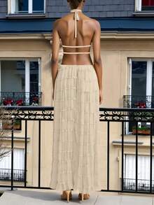 2pcs Chiffon Layered Ruffle Lace Trim Backless Camisole Maxi Dress Set, Romantic Elegant, Suitable For Party, Vacation, Beach Walk - Apricot - View 8