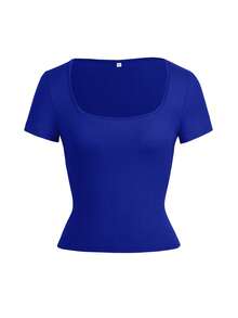 女士纯色针织方领性感修身短款T恤，蓝色，收腰设计，适合休闲、海滩、度假、校园穿着和复活节装扮 - 寶藍色 - 查看 3