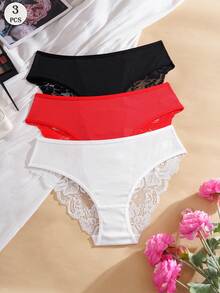 3 pièces Culottes confortables pour femmes de couleur unie avec empiècement en dentelle - Multicolore - Voir 2